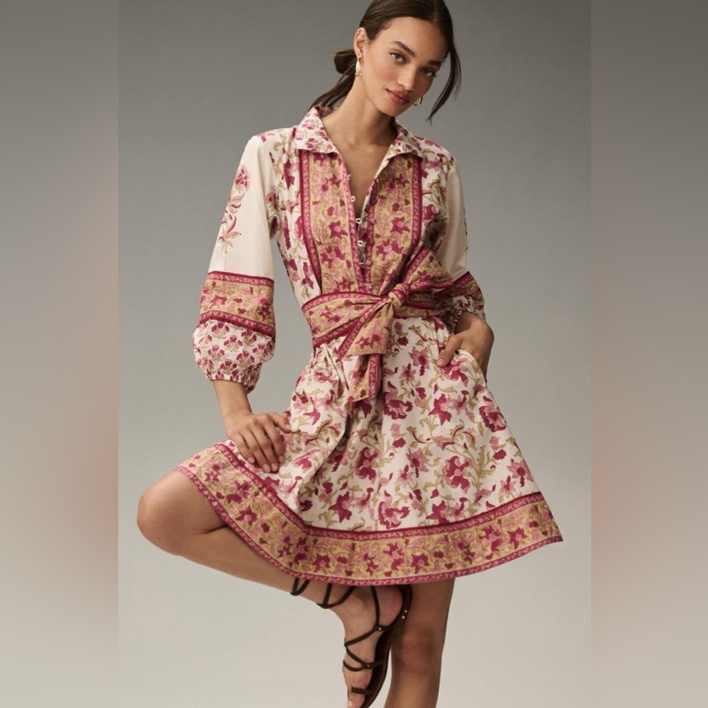 Sue Sartor shorty flounce dress, long sleeves, vibrant floral cream